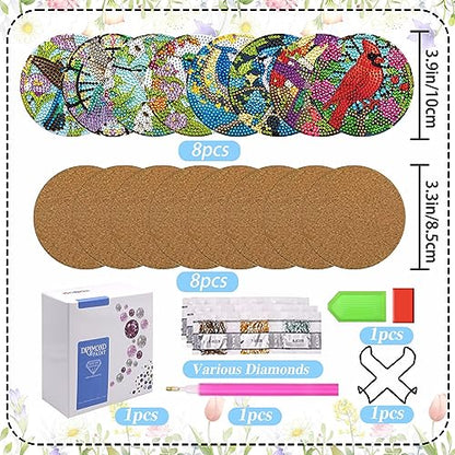 Diy 8pcs/set Bird  Diamond Painting Coasters with Holder