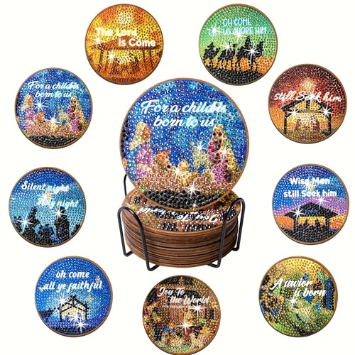 Diy 10pcs/set Christmas  Diamond Painting Coasters with Holder