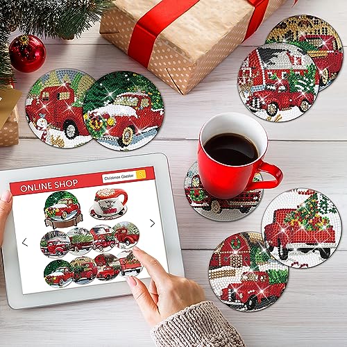 Diy 8pcs/set Christmas  Diamond Painting Coasters with Holder