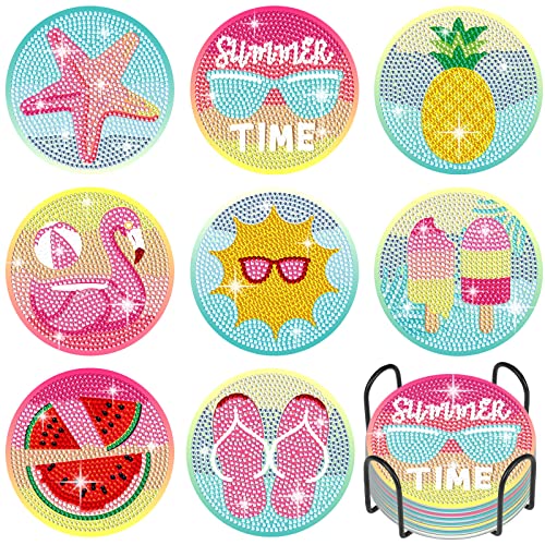 Diy 8pcs/set Summer  Diamond Painting Coasters with Holder