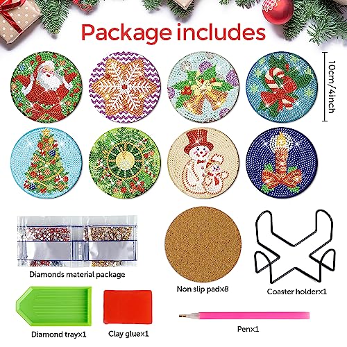 Diy 8pcs/set Christmas  Diamond Painting Coasters with Holder