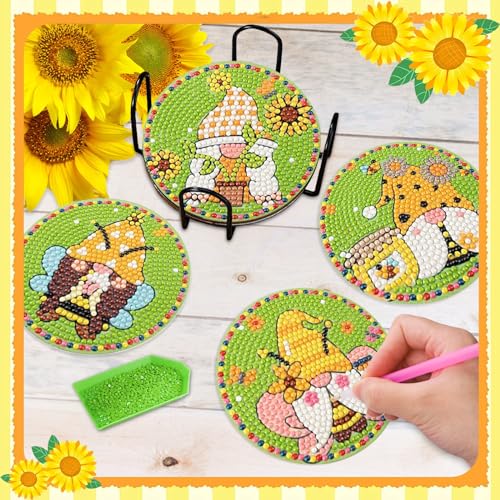 Diy 8pcs/set Gnome Flower  Diamond Painting Coasters with Holder