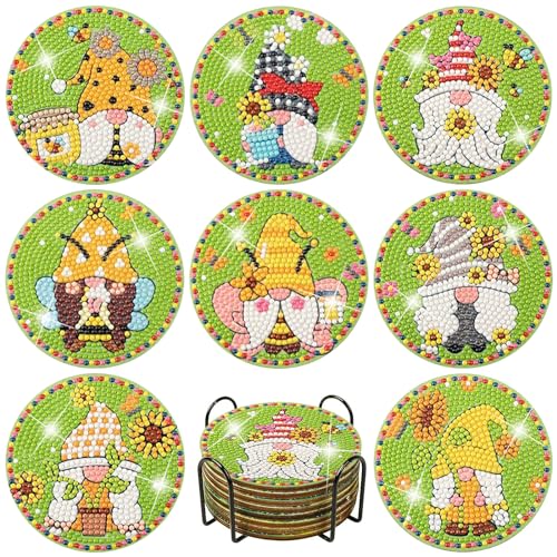 Diy 8pcs/set Gnome Flower  Diamond Painting Coasters with Holder