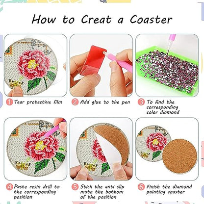 Diy 8pcs/set Flower  Diamond Painting Coasters with Holder