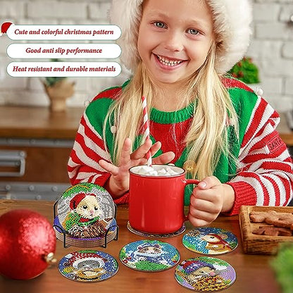 Diy 8pcs/set Christmas  Diamond Painting Coasters with Holder