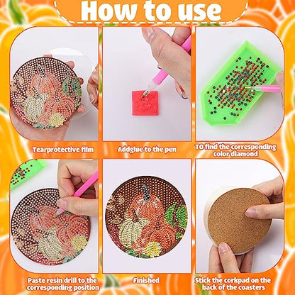 Diy 8pcs/set Pumpkin  Diamond Painting Coasters with Holder