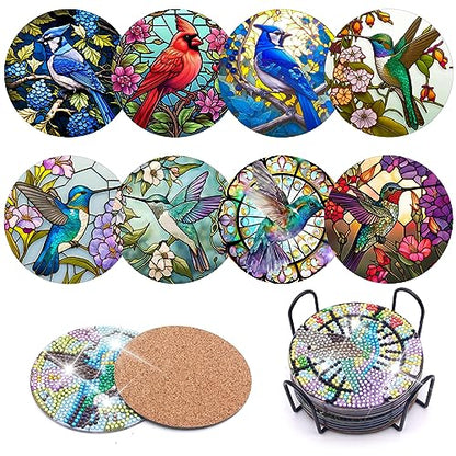 Diy 8pcs/set Bird  Diamond Painting Coasters with Holder