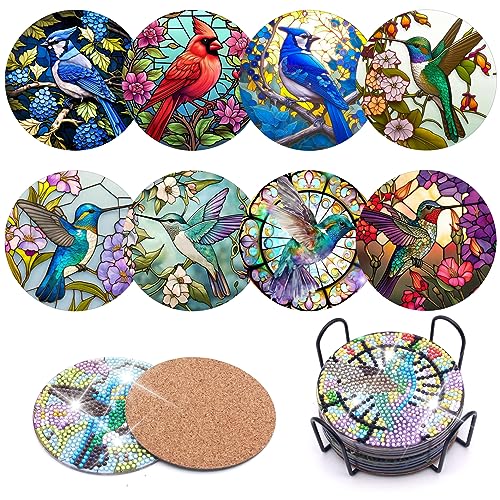 Diy 8pcs/set Bird  Diamond Painting Coasters with Holder