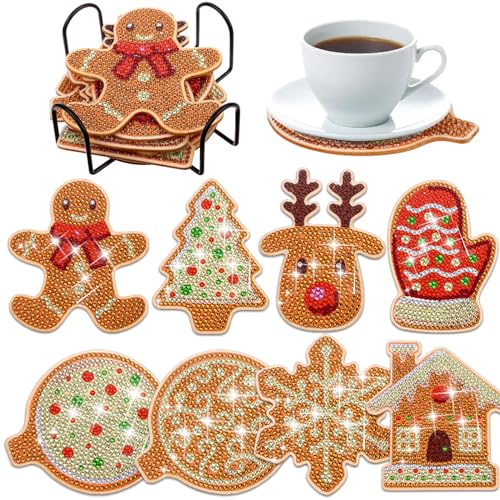 Diy 8pcs/set Christmas  Diamond Painting Coasters with Holder