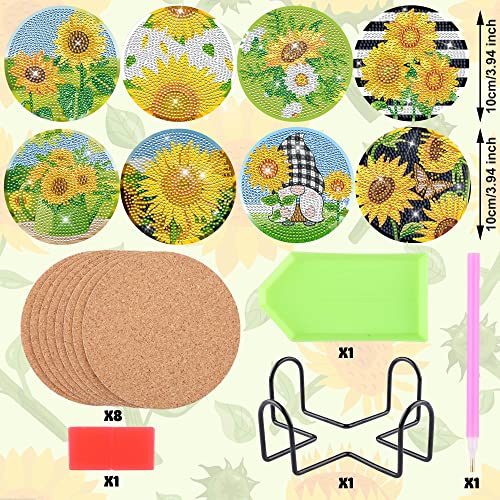 Diy 8pcs/set Flower  Diamond Painting Coasters with Holder