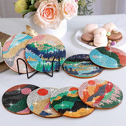 Diy 8pcs/set Landscape  Diamond Painting Coasters with Holder