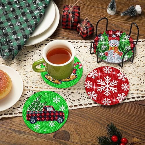 Diy 8pcs/set Christmas  Diamond Painting Coasters with Holder