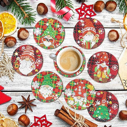 Diy 8pcs/set Gnome Christmas  Diamond Painting Coasters with Holder