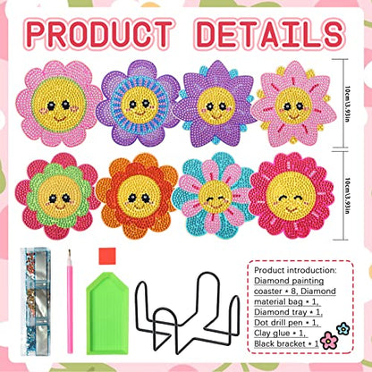 Diy 8pcs/set Flower  Diamond Painting Coasters with Holder