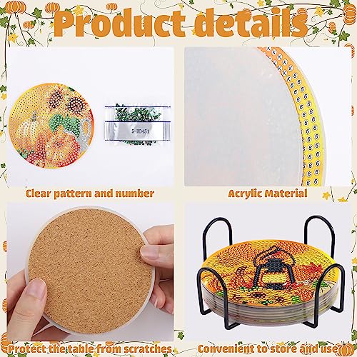 Diy 8pcs/set Pumpkin  Diamond Painting Coasters with Holder