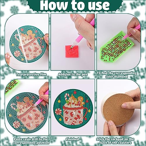 Diy 8pcs/set Christmas  Diamond Painting Coasters with Holder