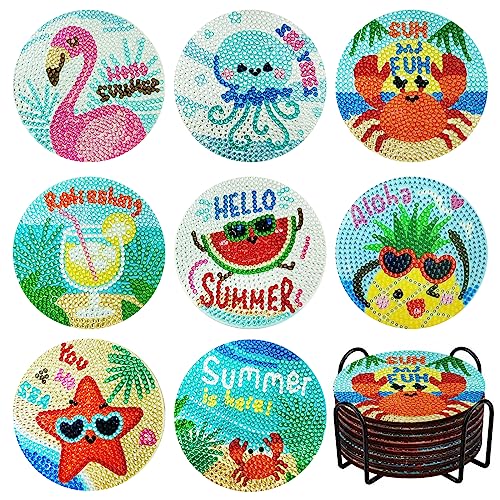 Diy 8pcs/set Summer  Diamond Painting Coasters with Holder