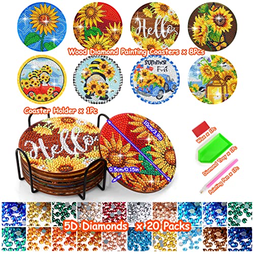 Diy 8pcs/set Flower  Diamond Painting Coasters with Holder