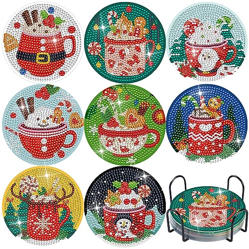 Diy 8pcs/set Christmas  Diamond Painting Coasters with Holder