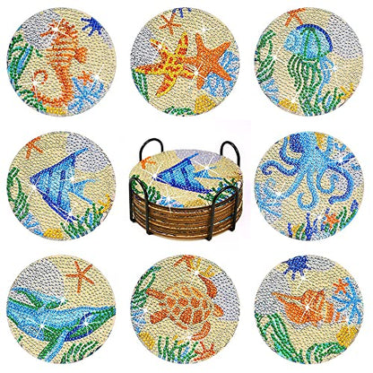 Diy 8pcs/set Ocean Life  Diamond Painting Coasters with Holder