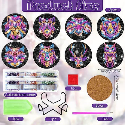 Diy 8pcs/set Animal  Diamond Painting Coasters with Holder