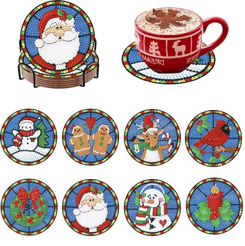 Diy 8pcs/set Christmas  Diamond Painting Coasters with Holder