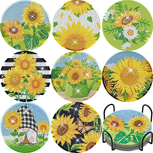 Diy 8pcs/set Flower  Diamond Painting Coasters with Holder