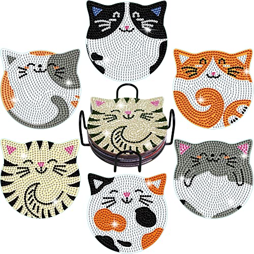 6pcs/set Cat  Diamond Painting Coasters with Holder