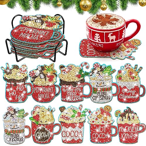 Diy 10pcs/set Christmas  Diamond Painting Coasters with Holder