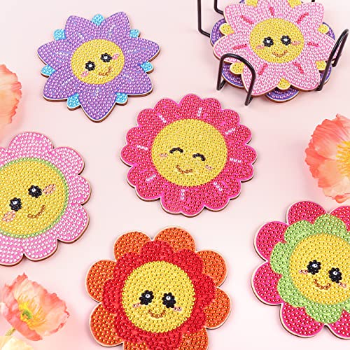 Diy 8pcs/set Flower  Diamond Painting Coasters with Holder