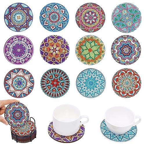 Diy 12pcs/set Mandala  Diamond Painting Coasters with Holder