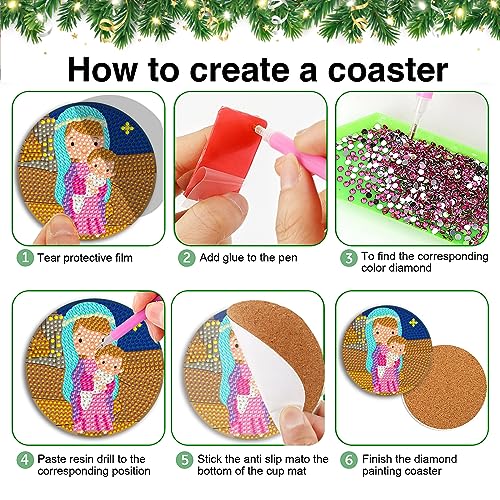 Diy 8pcs/set Christmas  Diamond Painting Coasters with Holder