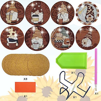 Diy 8pcs/set Gnome  Diamond Painting Coasters with Holder