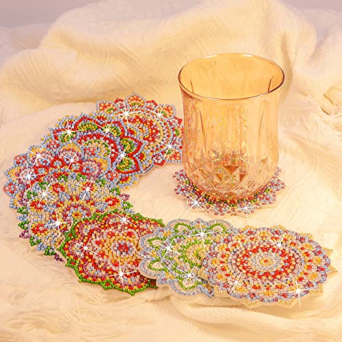 Diy 8pcs/set Mandala  Diamond Painting Coasters with Holder