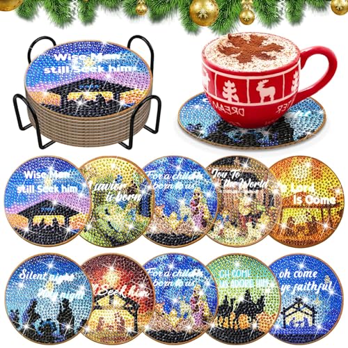 Diy 10pcs/set Christmas  Diamond Painting Coasters with Holder