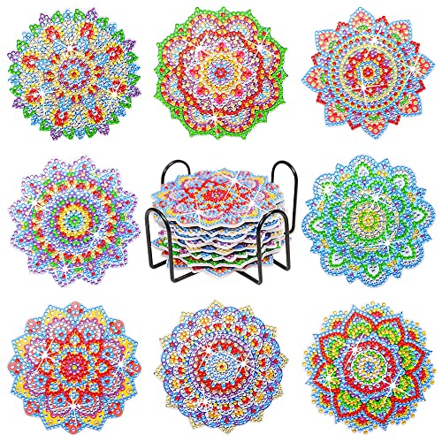 Diy 8pcs/set Mandala  Diamond Painting Coasters with Holder