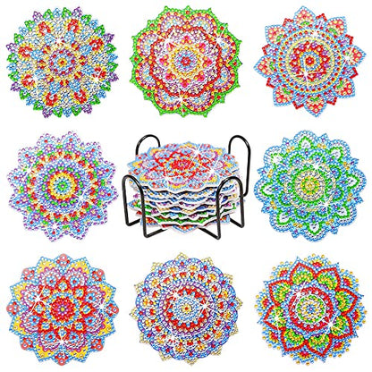 Diy 8pcs/set Mandala  Diamond Painting Coasters with Holder