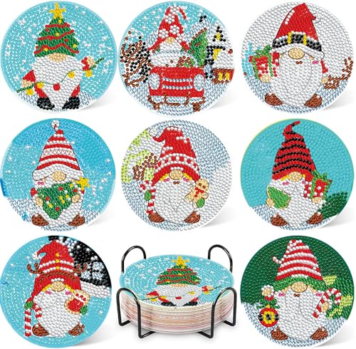 Diy 8pcs/set Christmas  Diamond Painting Coasters with Holder