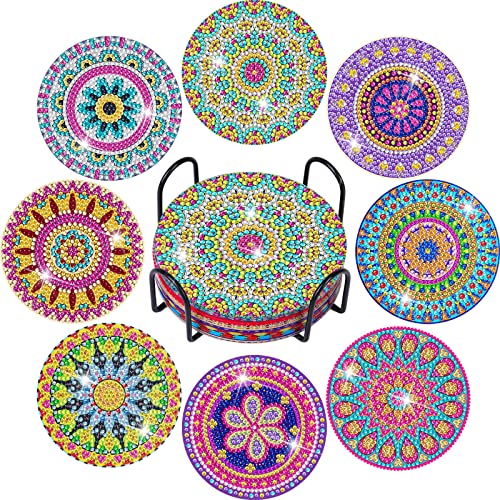 Diy 8pcs/set Mandala  Diamond Painting Coasters with Holder