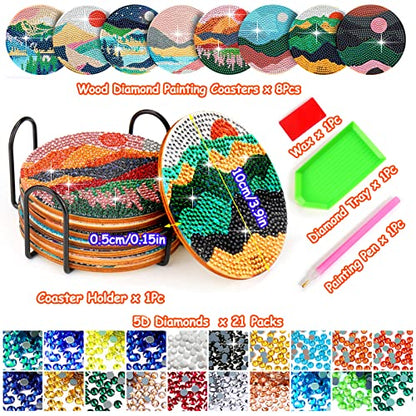 Diy 8pcs/set Landscape  Diamond Painting Coasters with Holder