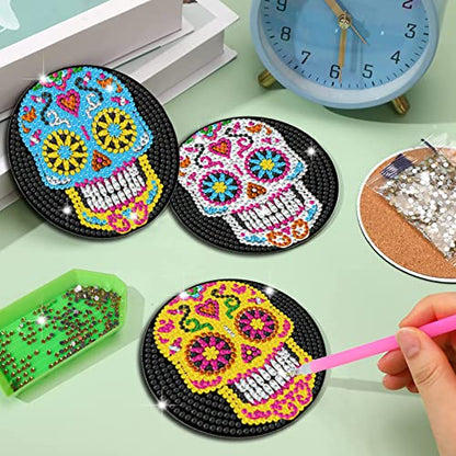 Diy 6pcs/set Skull Flower  Diamond Painting Coasters with Holder