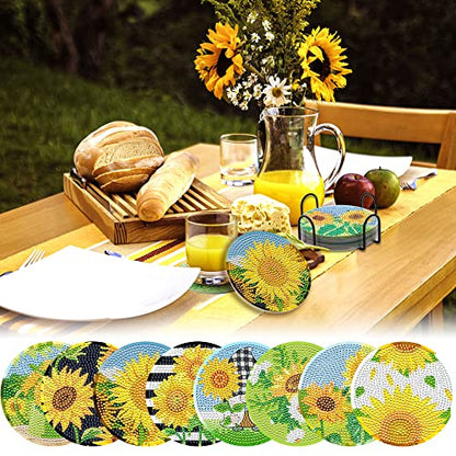 Diy 8pcs/set Flower  Diamond Painting Coasters with Holder