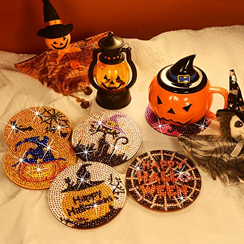 Diy 8pcs/set Pumpkin Halloween  Diamond Painting Coasters with Holder