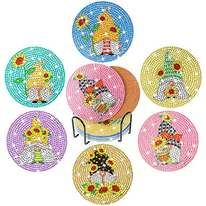 6pcs/set Gnome Flower  Diamond Painting Coasters with Holder