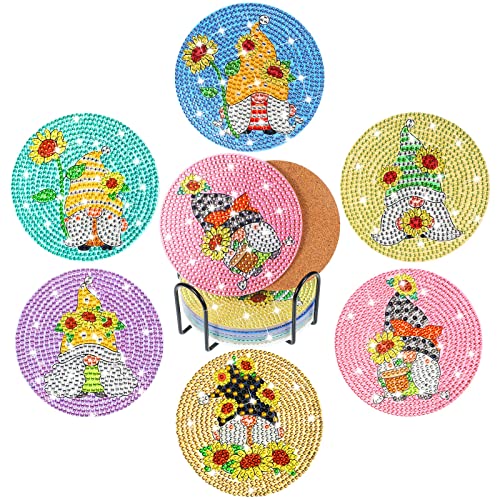 6pcs/set Gnome Flower  Diamond Painting Coasters with Holder