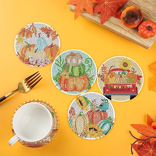 Diy 8pcs/set Pumpkin  Diamond Painting Coasters with Holder