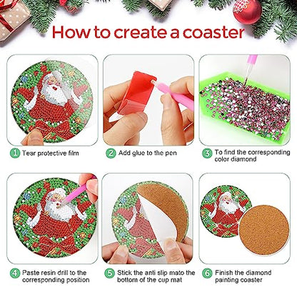 Diy 8pcs/set Christmas  Diamond Painting Coasters with Holder