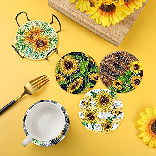 Diy 8pcs/set Flower  Diamond Painting Coasters with Holder