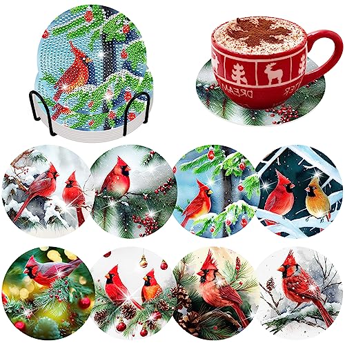 Diy 8pcs/set Bird Christmas  Diamond Painting Coasters with Holder