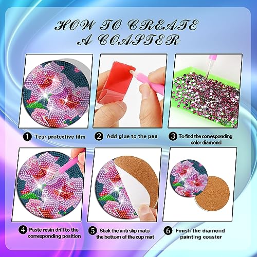 Diy 8pcs/set Lotus  Diamond Painting Coasters with Holder